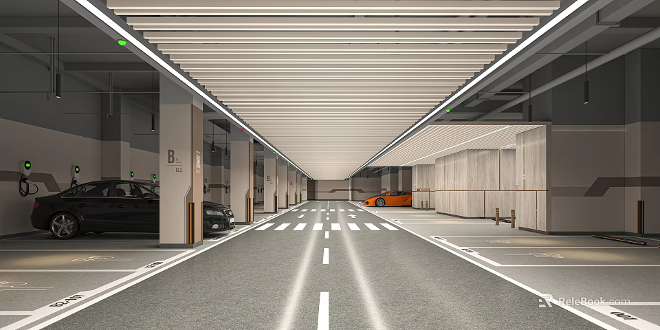 Indoor Parking Garage Spacious Interior With Clear Lane Markings Ceiling Lights And Parked Cars 3d model 