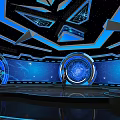 Futuristic Tech Display Stage Featuring Blue Lighting Circular Screens And Holographic Elements 3d model
