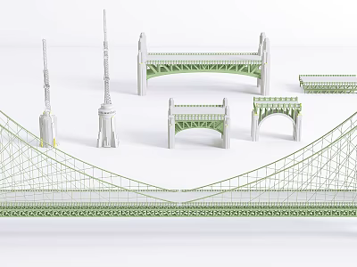 Various Types of Bridge Models with Green and White Structures and Tall Towers 3d model