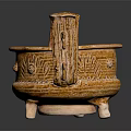 Ancient Ceramic Tripod Cauldron With Carved Patterns And Two Handles