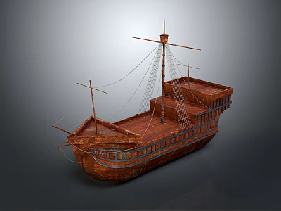 Ancient Wooden Sailing Water Vessel With Mast And Brown Hull Design 3d model