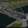 Modern Arch Bridge with Vehicle Lanes Over River Featuring Green Surroundings and Buildings