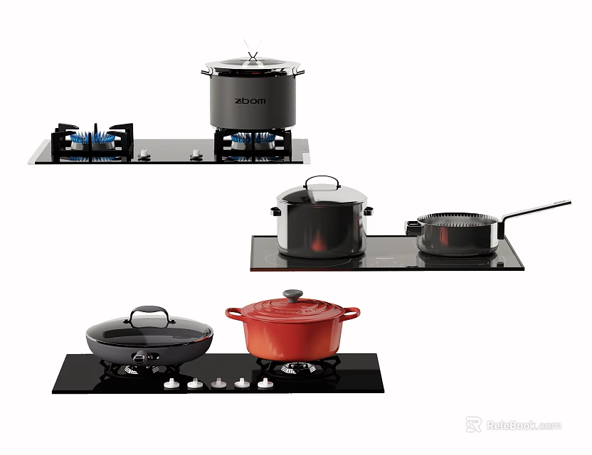 Modern Kitchen Appliances Featuring Gas Stoves And Cooking Pots In Different Styles 3d model 