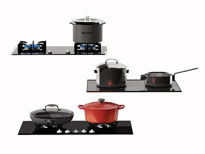 Modern Kitchen Appliances Featuring Gas Stoves And Cooking Pots In Different Styles 3d model