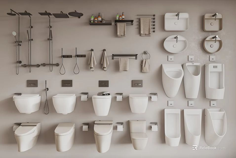 Modern Bathroom Toilet Collection Display With Various Urinals Sinks And Towel Racks 3d model 