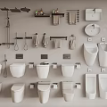 Modern Bathroom Toilet Collection Display With Various Urinals Sinks And Towel Racks