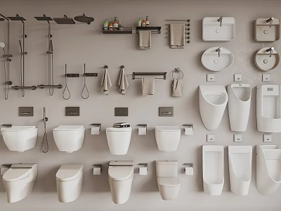 Modern Bathroom Toilet Collection Display With Various Urinals Sinks And Towel Racks 3d model