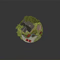 Cartoon Miniature Scene With House Trees Red Car Small Shed And Garden Path