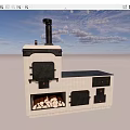 Vintage Wood Burning Stove With Chimney Oven Doors Firewood Storage Compartment And Countertop