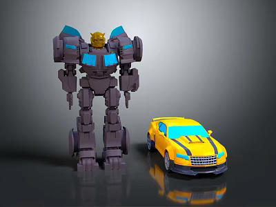 Gray Robot with Blue Lights Standing Next to Yellow Sports Car 3d model