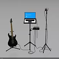 Professional Music Recording Equipment Setup With Electric Guitar Laptop And Microphone Stand