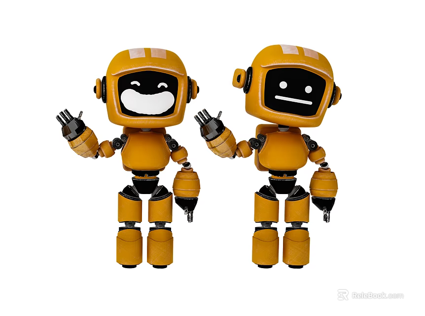 Yellow Smart Robots Waving Hands With Friendly Smiling Faces Standing Together 3d model
