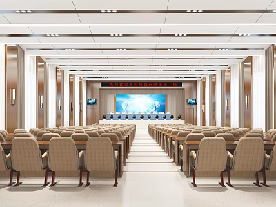 Spacious Formal Conference Room Interior With Arranged Chairs Long Tables And Front Projection Screen 3d model