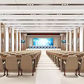 Spacious Formal Conference Room Interior With Arranged Chairs Long Tables And Front Projection Screen