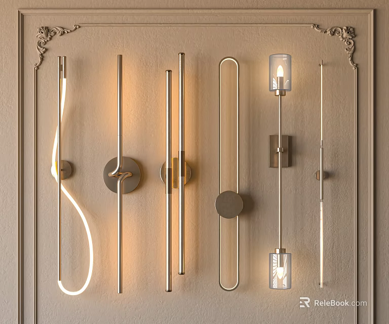Modern Wall Lamps with Various Sleek Designs and Warm Illumination on Beige Wall 3d model 