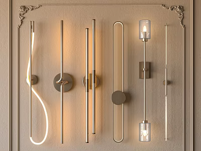 Modern Wall Lamps with Various Sleek Designs and Warm Illumination on Beige Wall 3d model