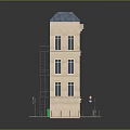 Wooden Multi Storey Building Model With Blue Roof External Stairs And Street Lamps