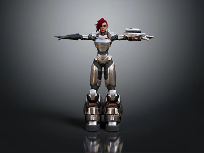 Game Movie Female Character With Red Hair Silver Metallic Armor And Mechanical Arm 3d model