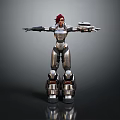 Game Movie Female Character With Red Hair Silver Metallic Armor And Mechanical Arm