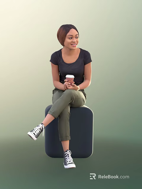 Woman Sitting On Dark Cube Holding Coffee Cup In Black T-Shirt Green Pants White Sneakers 3d model 