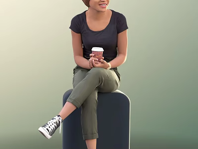 Woman Sitting On Dark Cube Holding Coffee Cup In Black T-Shirt Green Pants White Sneakers 3d model