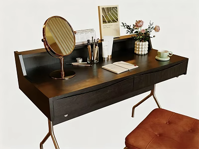 Dark Wood Dressing Table Featuring Round Gold Mirror Stationery Notebook Pink Flowers and Brown Stool 3d model