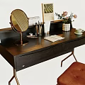 Dark Wood Dressing Table Featuring Round Gold Mirror Stationery Notebook Pink Flowers and Brown Stool