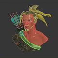 3D Male Archer Character With Topknot Green Arrows Yellow Ribbon And Serious Expression