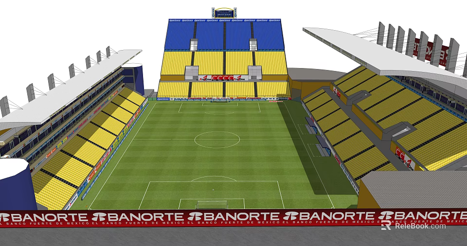 Modern Football Stadium with Green Turf White Lines Yellow Blue Seats and Banorte Advertisements 3d model 