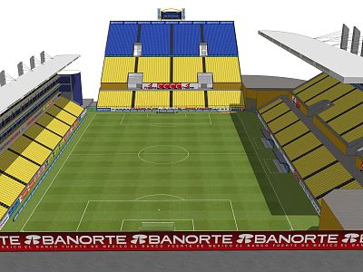 Modern Football Stadium with Green Turf White Lines Yellow Blue Seats and Banorte Advertisements 3d model