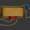 Computer Cooling Fan with Yellow Frame Red Blades Red Knobs and Blue Power Plug