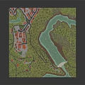 Cartoon Style 3D Terrain Model with River Greenery Red Roof Buildings Bridge and Path