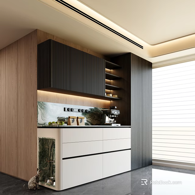 Modern Sideboard Interior Design With Dark Wood Cabinet White Drawers And Decorative Items 3d model 