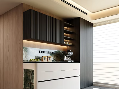 Modern Sideboard Interior Design With Dark Wood Cabinet White Drawers And Decorative Items 3d model