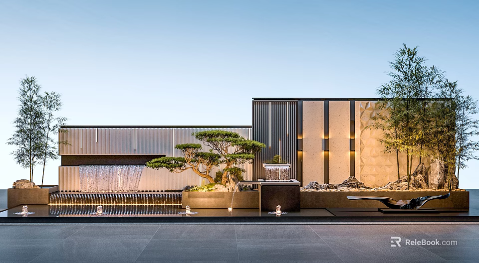 Modern Outdoor Landscape With Waterfall Feature Pine Tree Stone Wall And Green Plants 3d model 
