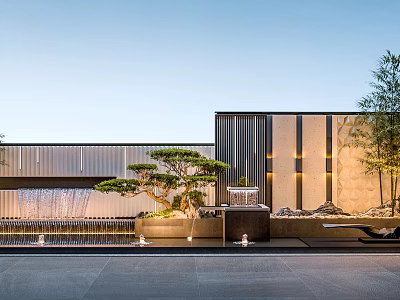 Modern Outdoor Landscape With Waterfall Feature Pine Tree Stone Wall And Green Plants 3d model