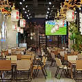 Chinese Restaurant Kitchen Interior With Lanterns Green Plants Dining Tables And Decorative Lights