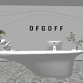 Elegant Modern Curved White Reception Desk With Laptop Green Plants And Wavy LED Light Wall