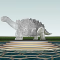 Dinosaur Sculpture Silver Wire Mesh on Platform Golden Steps Water Pool Green Grass Blue Sky