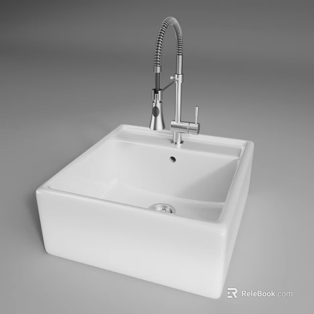 White Square Ceramic Washbasin With Silver Pull Out Faucet Modern Design 3d model 