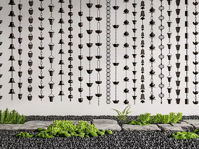 Water Fountain Design With Black Hanging Decorations Green Plants And Stone Ground 3d model