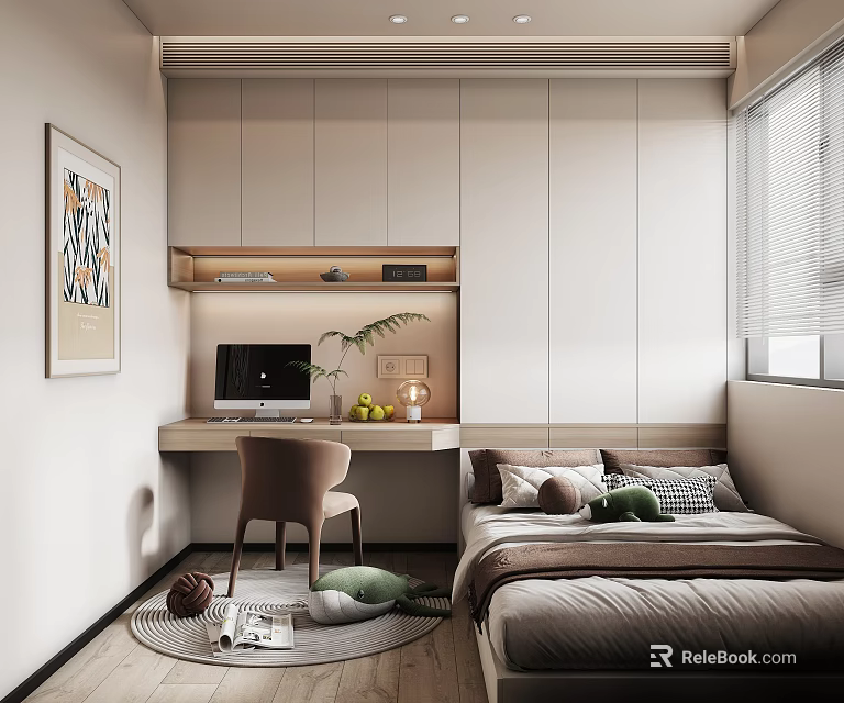 Tatami Bedroom Interior Design With Desk Chair Cabinets Window Blinds And Decorative Plant 3d model 