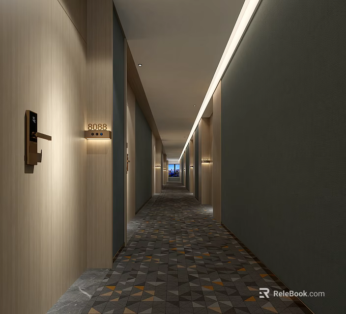 Elegant Hotel Corridor With Wooden Walls Warm Lighting Room Doors And Patterned Carpet 3d model 