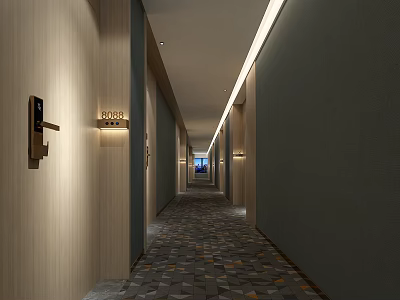 Elegant Hotel Corridor With Wooden Walls Warm Lighting Room Doors And Patterned Carpet 3d model