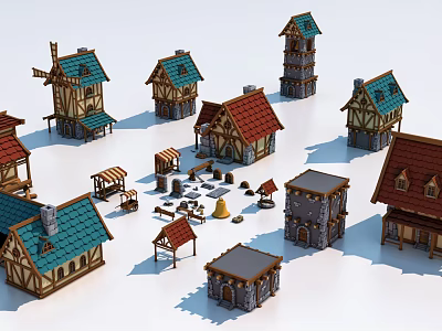 Cartoon Scene With Various Colorful Houses Wooden Structures Tower Windmill And Decorations 3d model