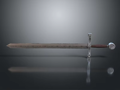 Medieval Sword with Metal Blade and Wooden Handle Decorative Crossguard on Black Reflective Surface 3d model