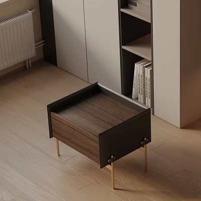 Modern Bedside Table With Wooden Drawer Black Frame Gold Legs And Minimalist Style 3d model