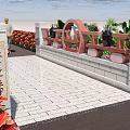 Red Bridge Railing With Circular Decoration Stone Pillars Green Plants And Bamboo Carvings