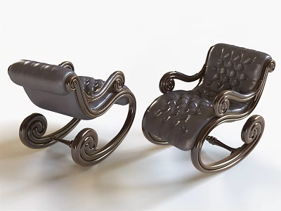 Classic Brown Leather Rocking Lounge Chair With Carved Details And Curved Legs 3d model