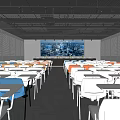 Conference Room With White Blue Orange Chairs Tables And Large Screen Displaying City View